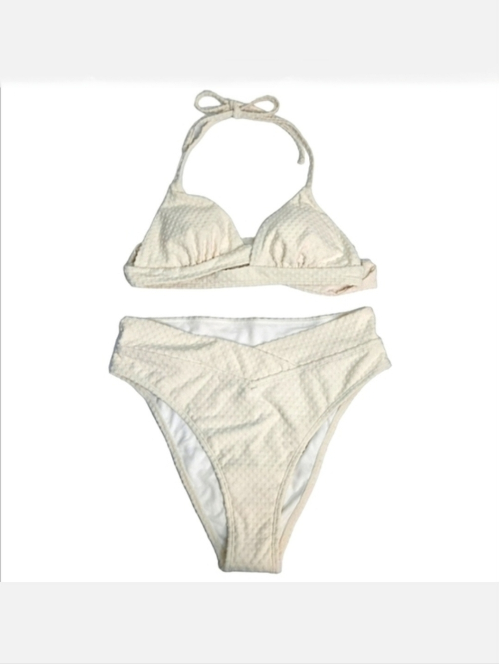 🌿 Cupshe Cream Textured Polka Dot Twist Halter High-Waist Bikini, Size M~NWT
